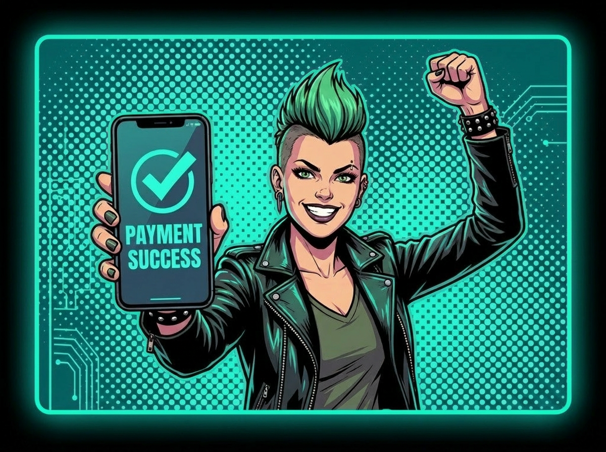 Punk heroine triumphant with payment success on her phone