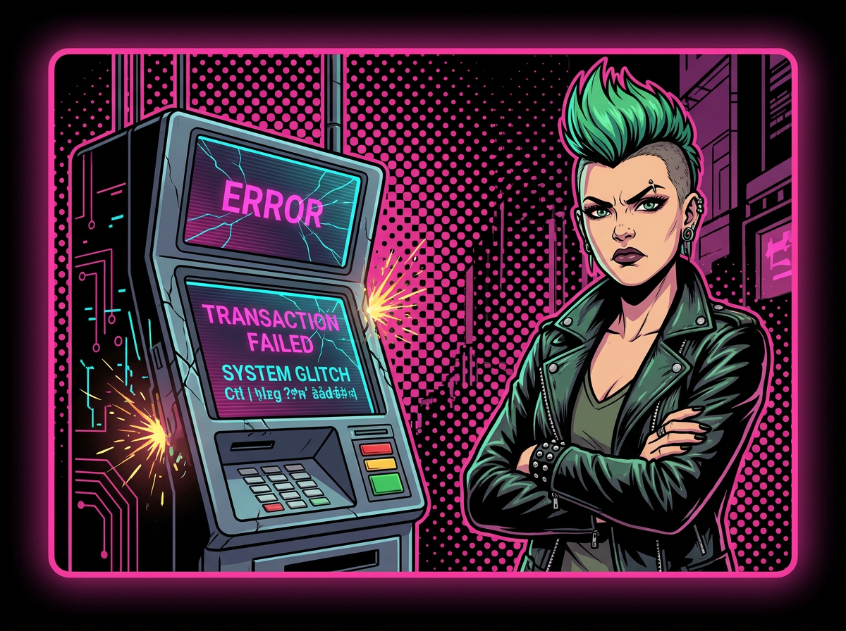Punk heroine frustrated beside a broken payment terminal