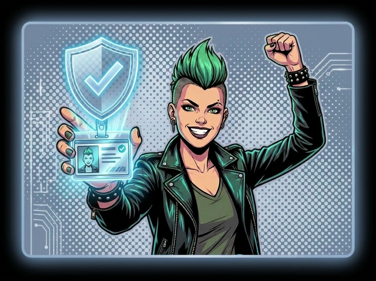 Character confidently displaying verified digital identity