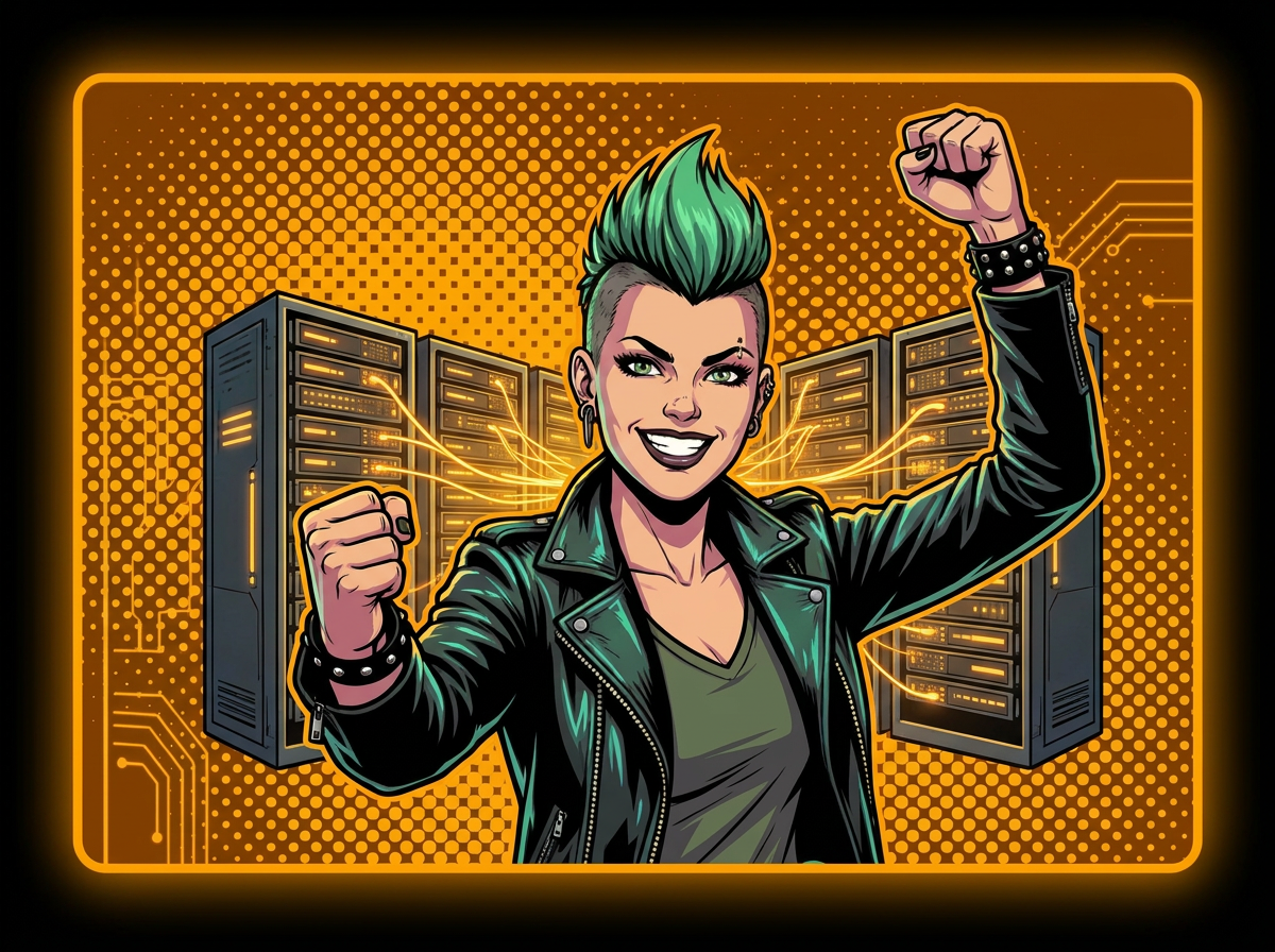 Character triumphant with glowing connected network infrastructure