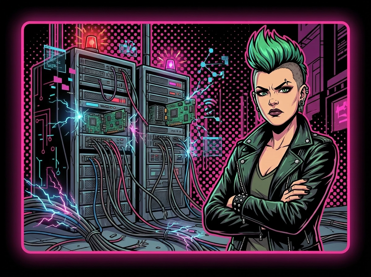 Frustrated character beside broken server infrastructure