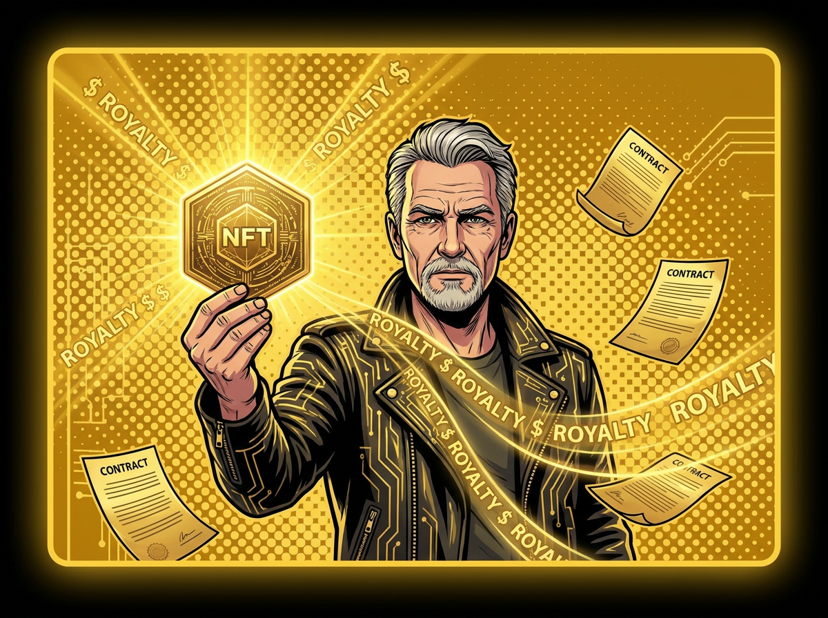 Musician holding glowing ownership token with golden capital flowing toward them