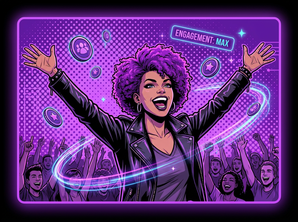 Character triumphant with thriving fan community and engagement tokens