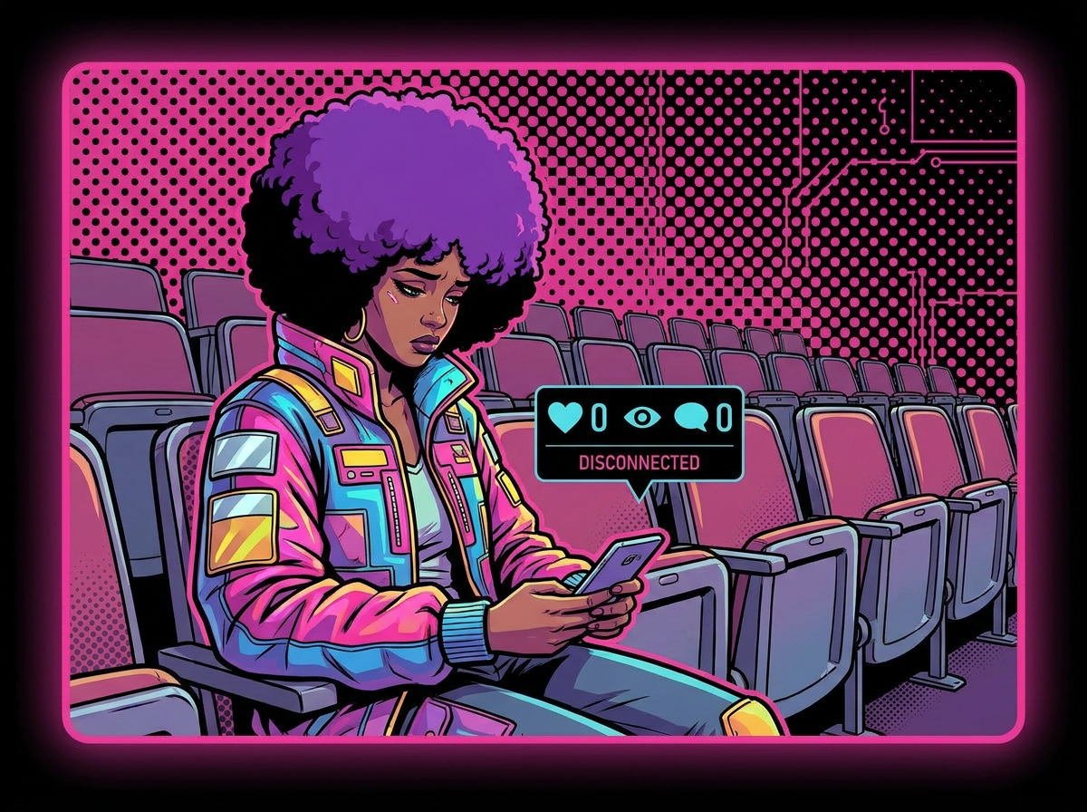 Character dejected with empty engagement metrics and disconnected fans